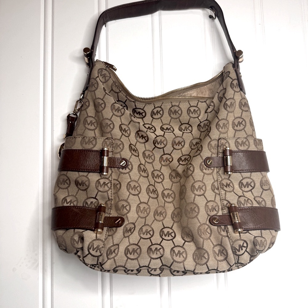Michael Kors Tan and Brown Monogram Hobo Bag